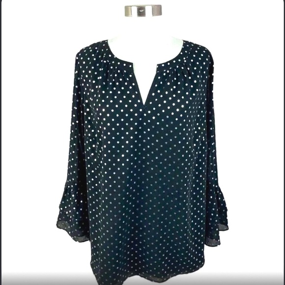 TALBOTS Black Metallic Silver Polka Dot Bell Sleeve Top Sz MP - Picture 2 of 5